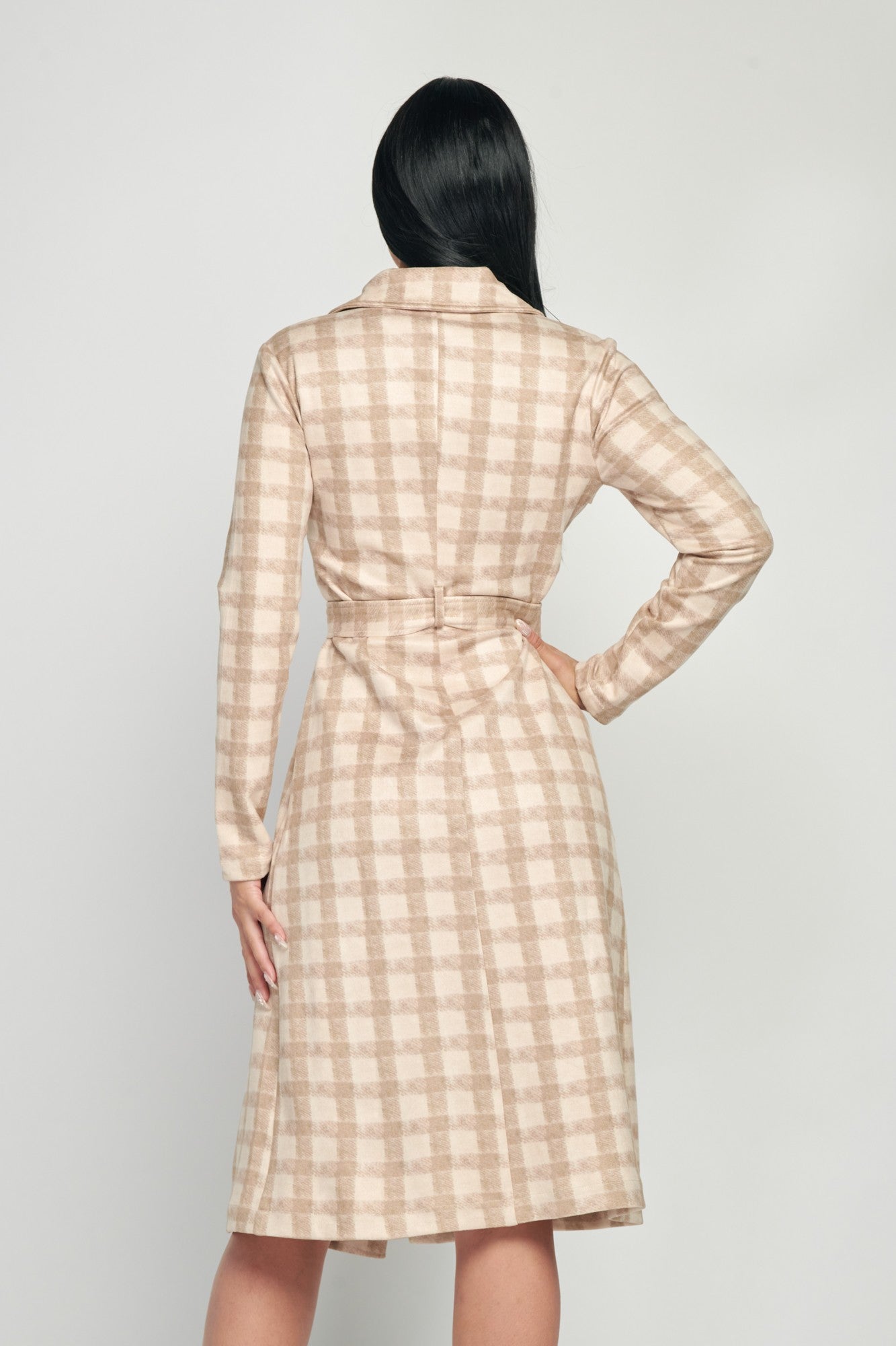 SUEDE CHECKER WAIST TIE DOUBLE BUTTONS TRENCH JACKET