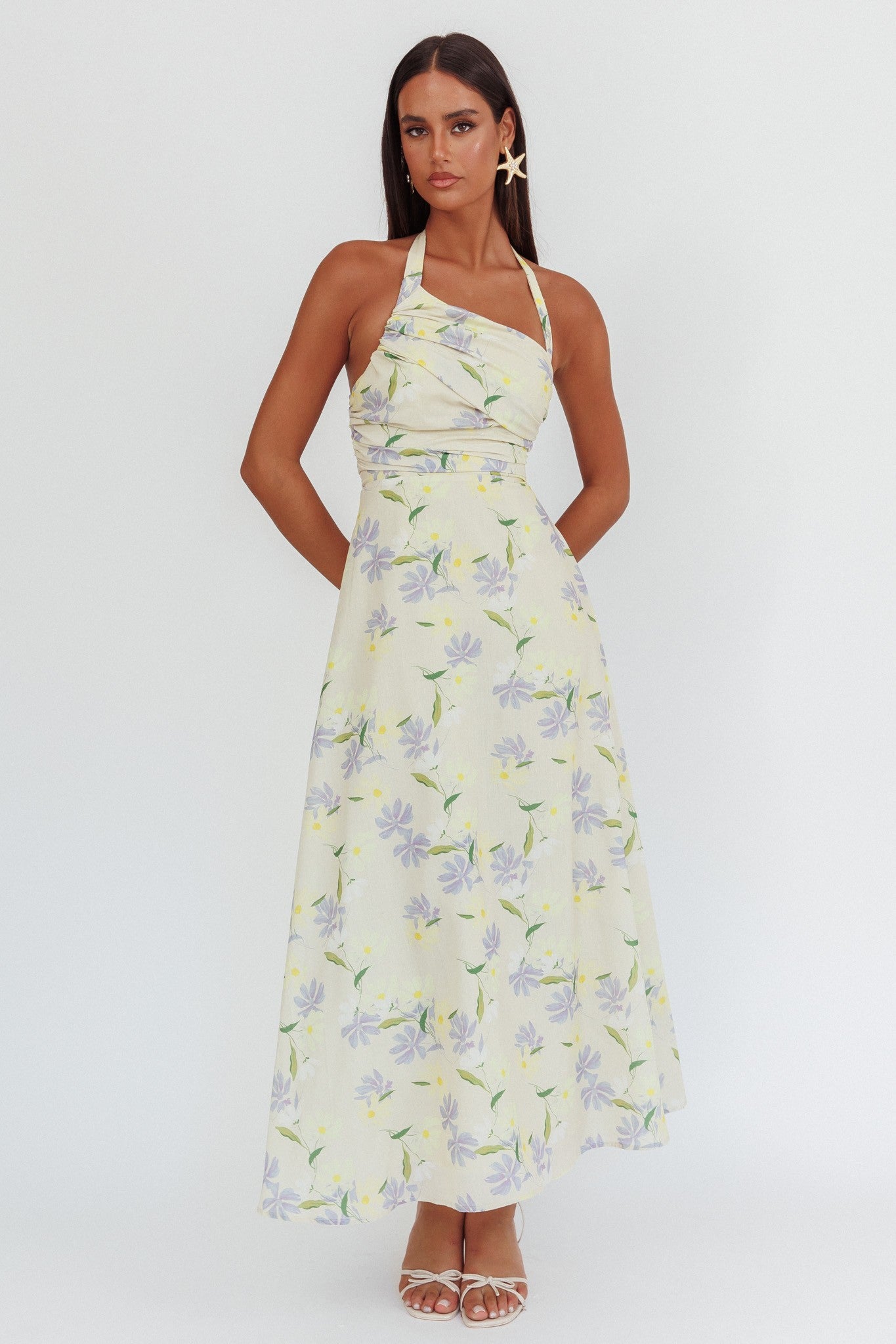 HALTER FLORAL RUCHED MAXI DRESS