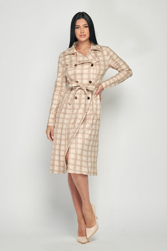 SUEDE CHECKER WAIST TIE DOUBLE BUTTONS TRENCH JACKET